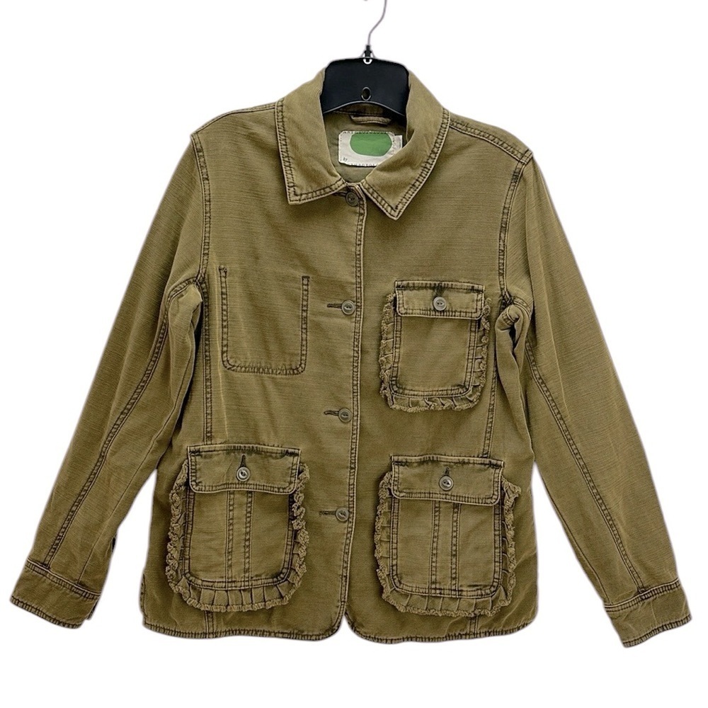 Anthropologie Olive‎ Green Patch Ruffle Pockets Size Small Jacket